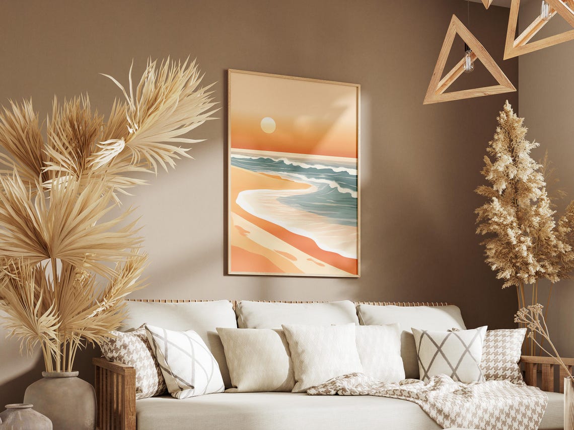 Minimalist Sunrise Beach Orange Sun Ocean Waves Abstract Poster - Image 3