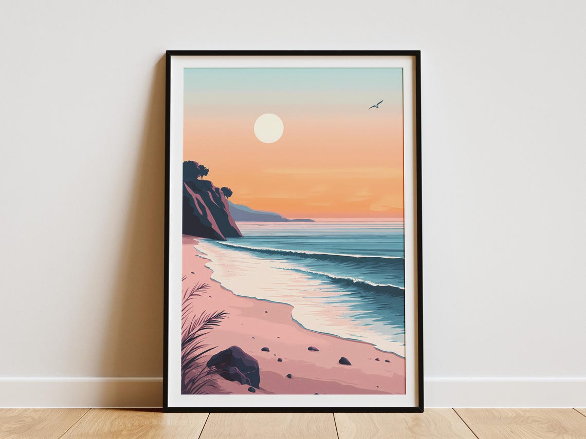 Soft Pink Sunrise Over a Curved Beach with Rocky Cliffs Poster