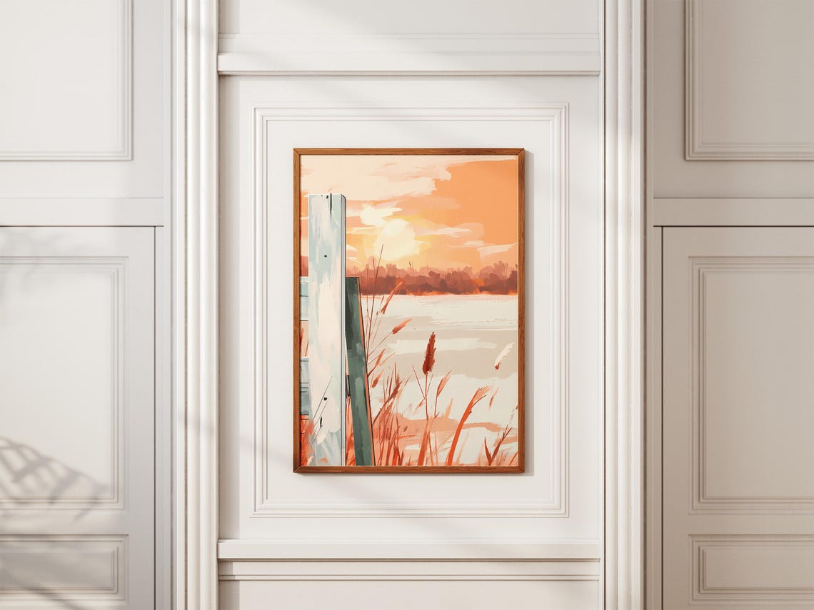 Sunset Over a Calm Lake with Wooden Posts and Reeds Art Poster - Image 2