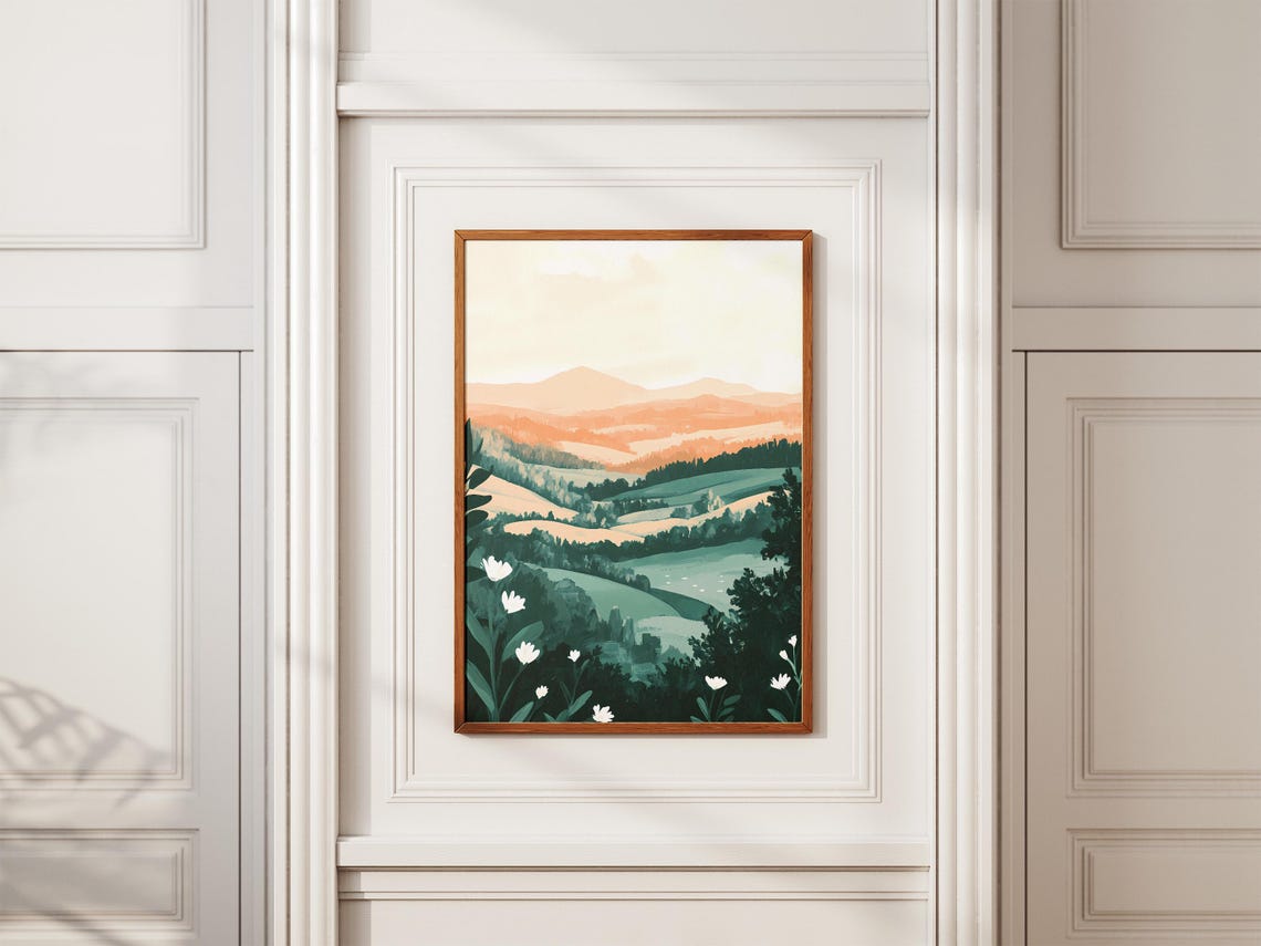 Misty Sunrise Valley With Teal Hills And White Flowers Poster - Image 2