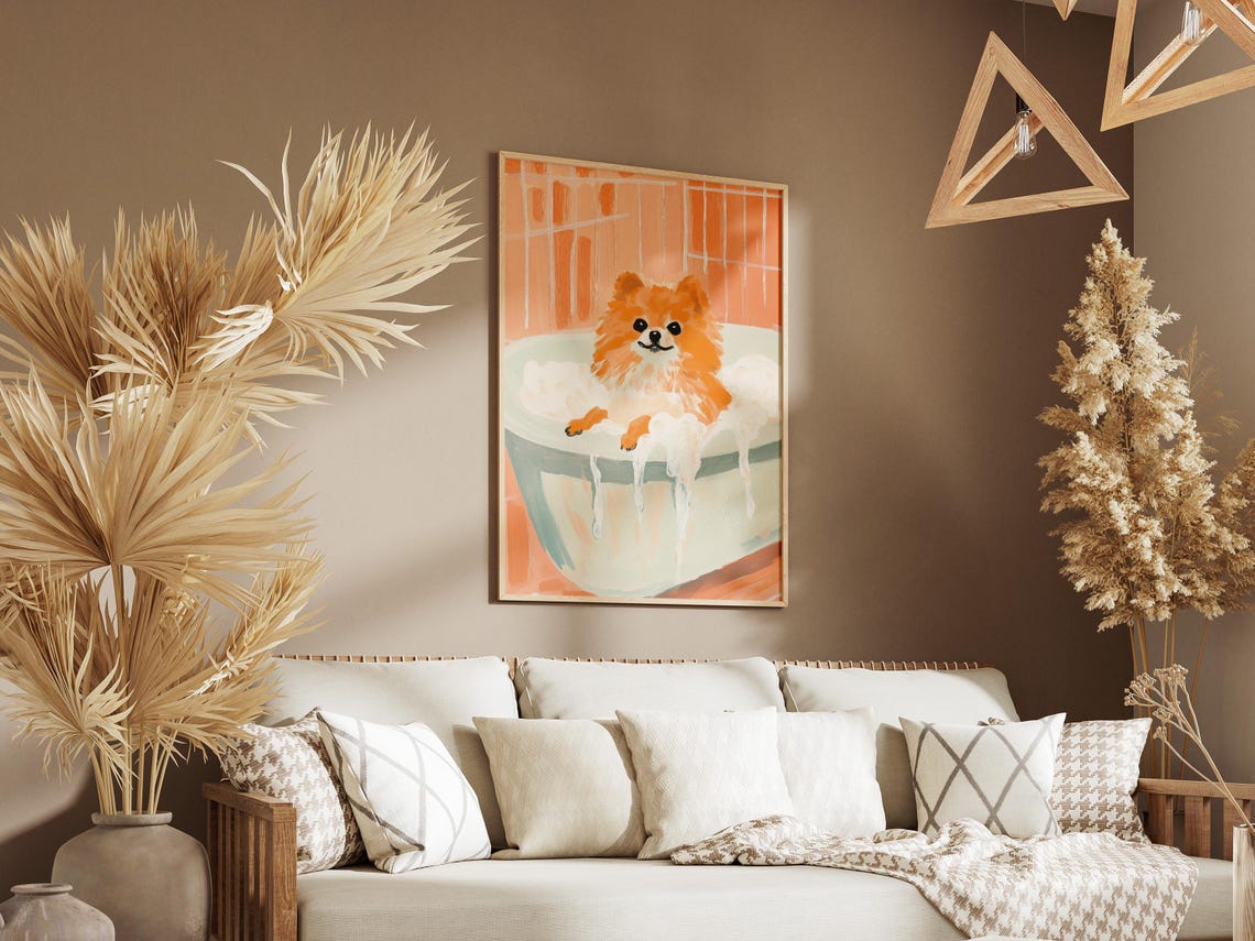 Fluffy Pomeranian Bubble Bath Peach Tile Painterly Dog Poster - Image 3