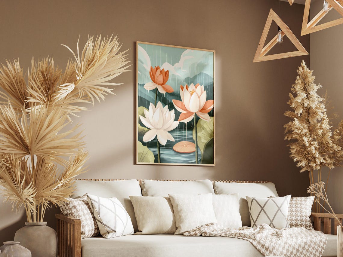 Lotus Flowers Rainy Pond Botanical Illustration Serene Nature Poster - Image 3