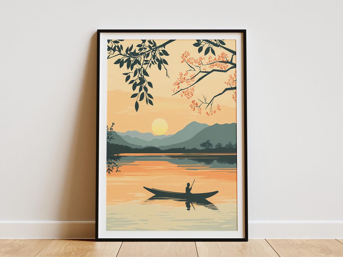Inle Lake Myanmar Sunset Lone Fisherman Canoe Silhouette Poster
