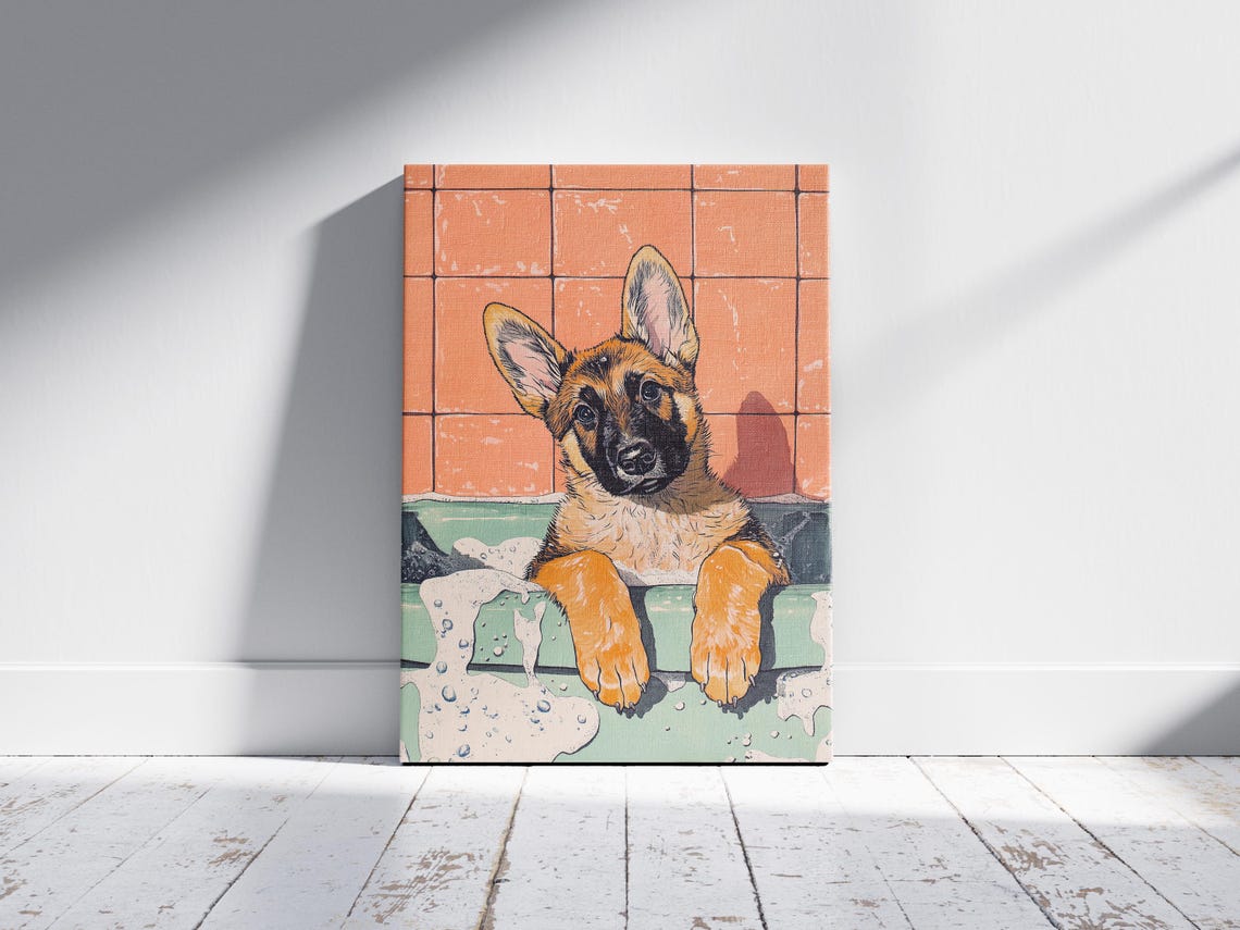 German Shepherd Puppy in Foamy Tub Bubble Bath Cute Puppy Dog Poster - Image 2