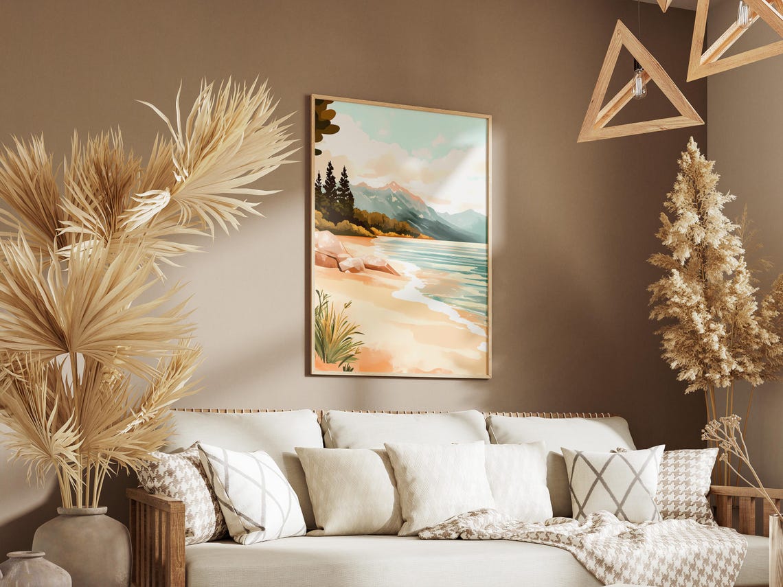 Sandy Beach With Pine Trees Waves And A Distant Mountain Poster - Image 3