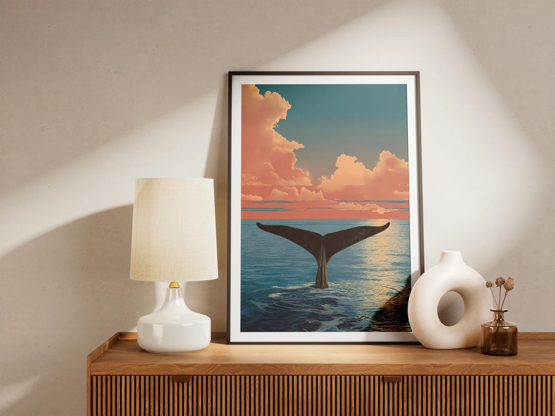 Whale Tail Sunset Dive Calm Ocean Golden Sky Marine Art Poster - Image 4