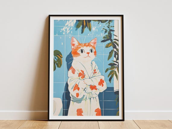 Turkish Van Kitten Art Print Cat In Bathrobe Poster Bathroom Wall Cute Decor Whimsical Animal Lover Gift Pet Portrait