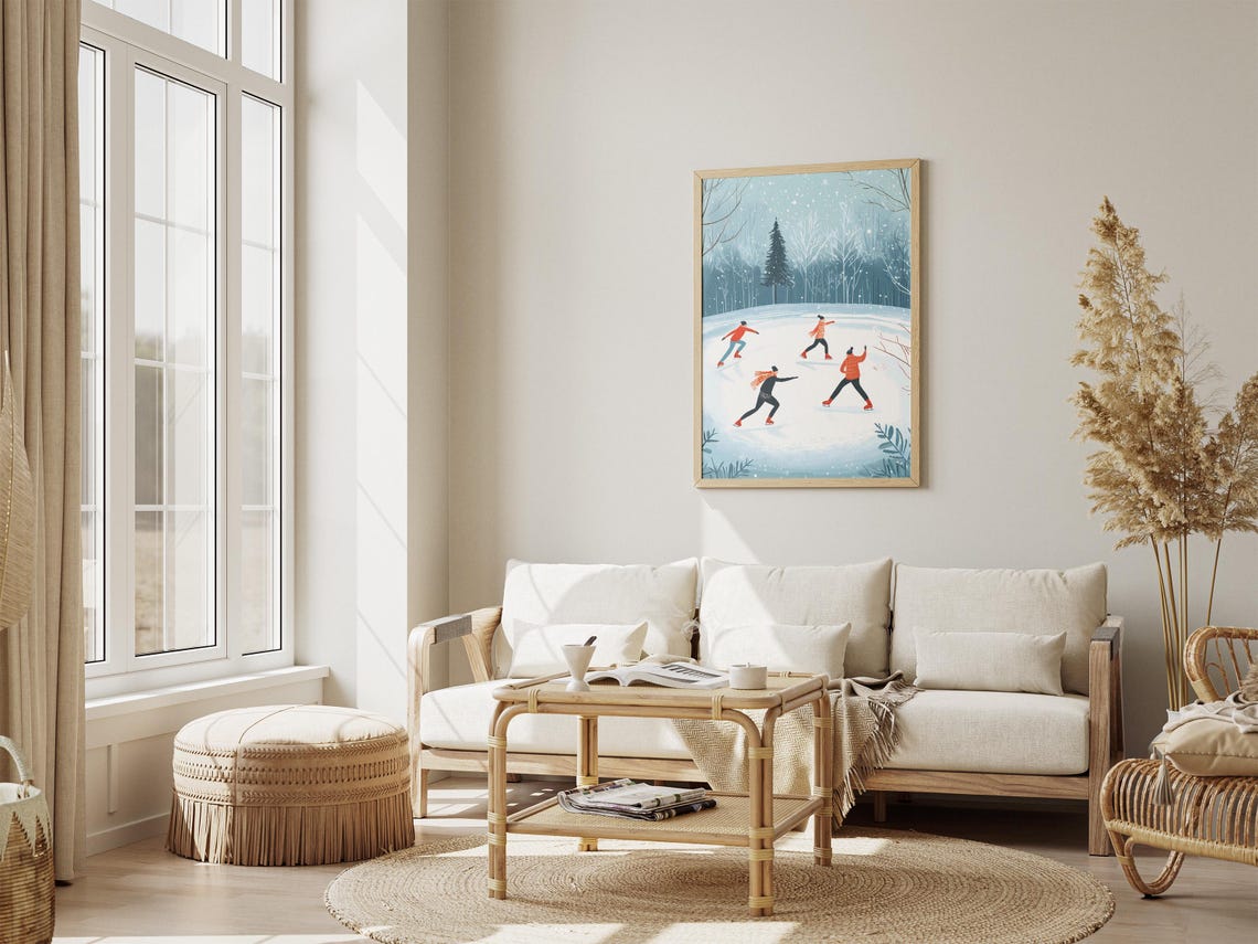 Ice Skaters Gliding on a Frozen Pond in a Snowy Blue Forest Poster - Image 4
