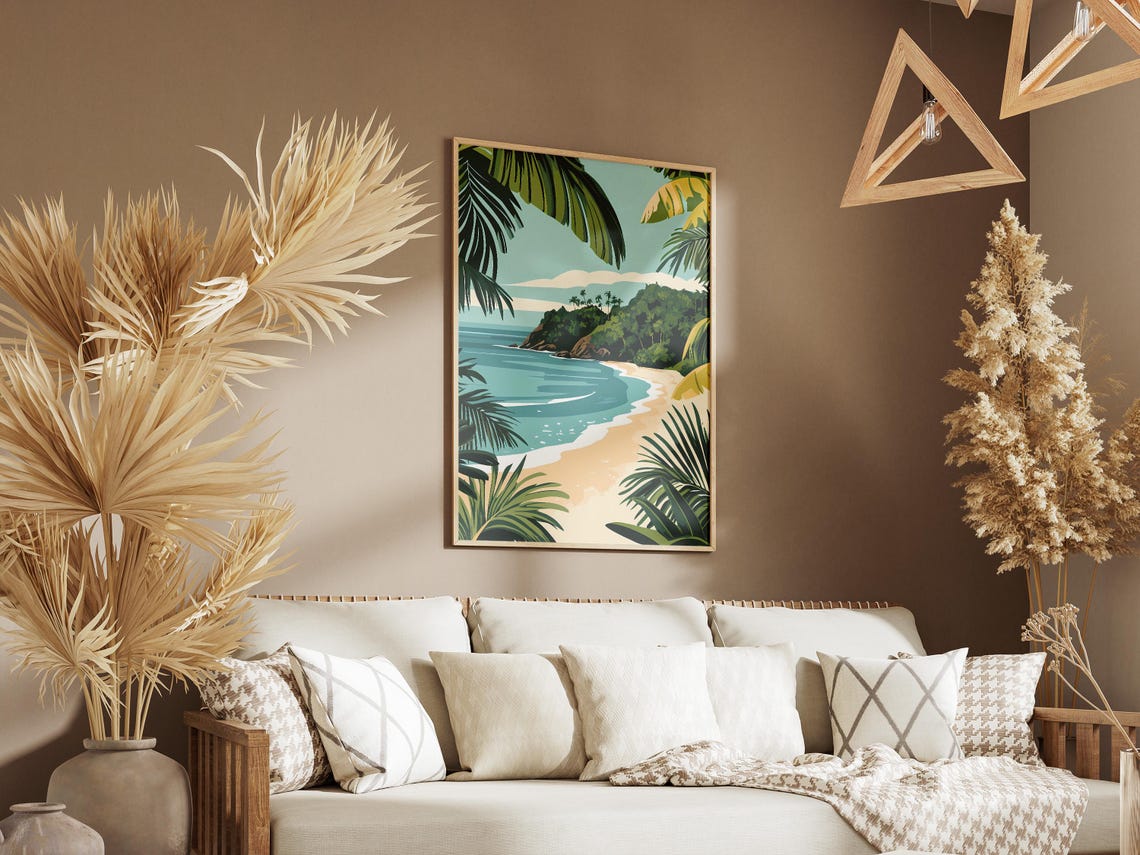 Tropical Cove Beach Palm Fronds Rocky Headland Summer Poster - Image 3