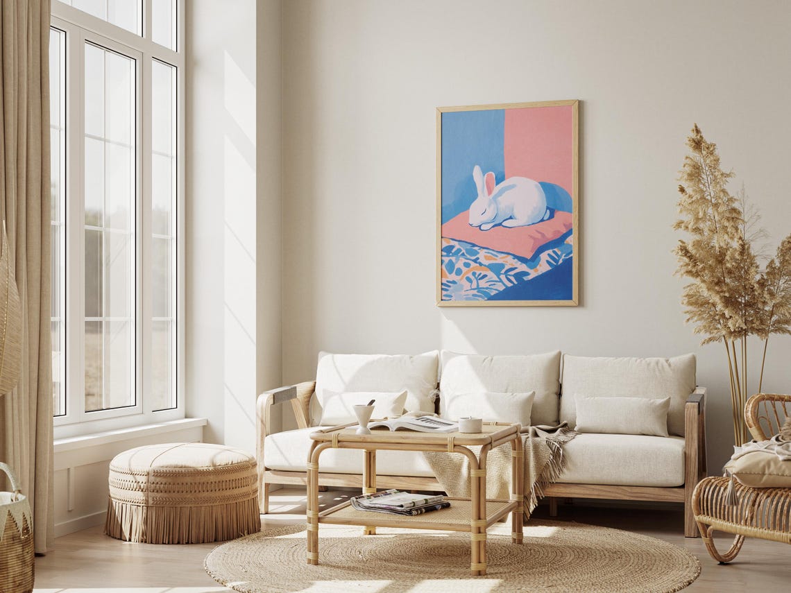 Charming Matisse Style Sleeping Rabbit Gouache Painting Art Print Whimsical Animal Wall Decor Peaceful Nursery Bedroom Poster - Image 3