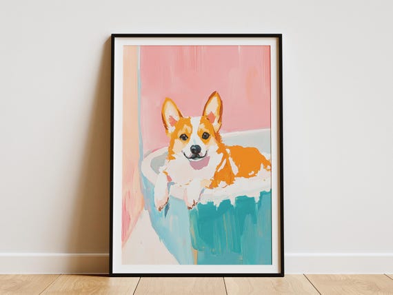 Corgi Dog In Bathtub Poster Print Cute Animal Wall Art Bathroom Decor Lover Gift Pet Portrait Funny Home