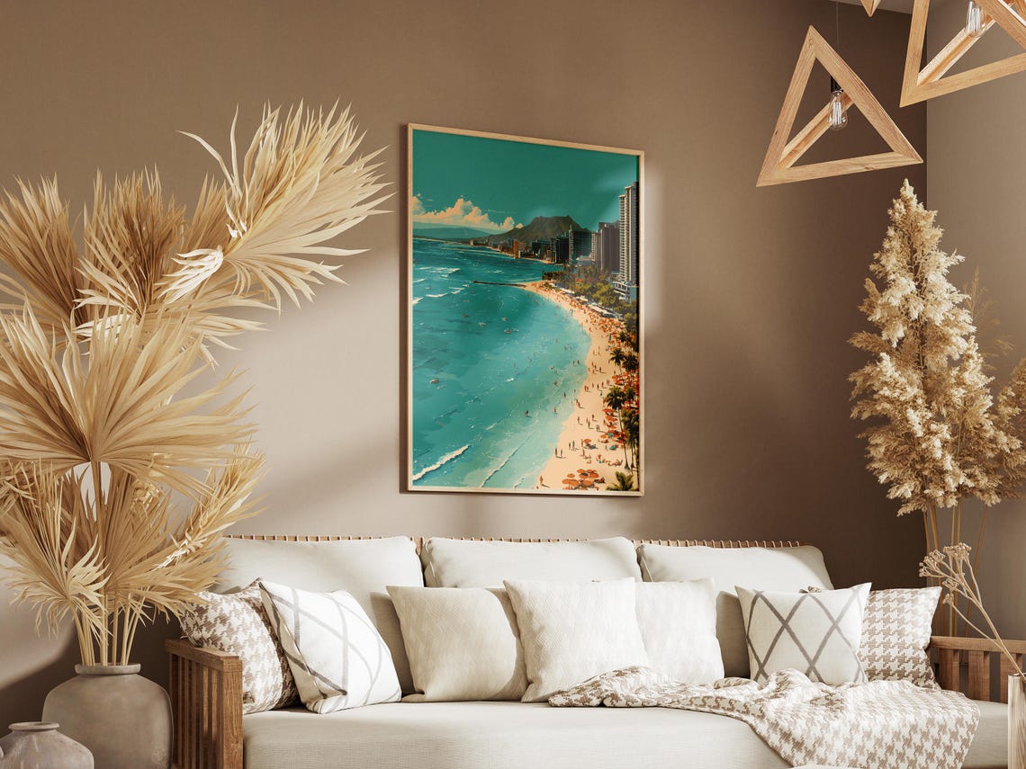 Waikiki Beach Vintage Travel Poster Diamond Head Honolulu Hawaii Art - Image 3