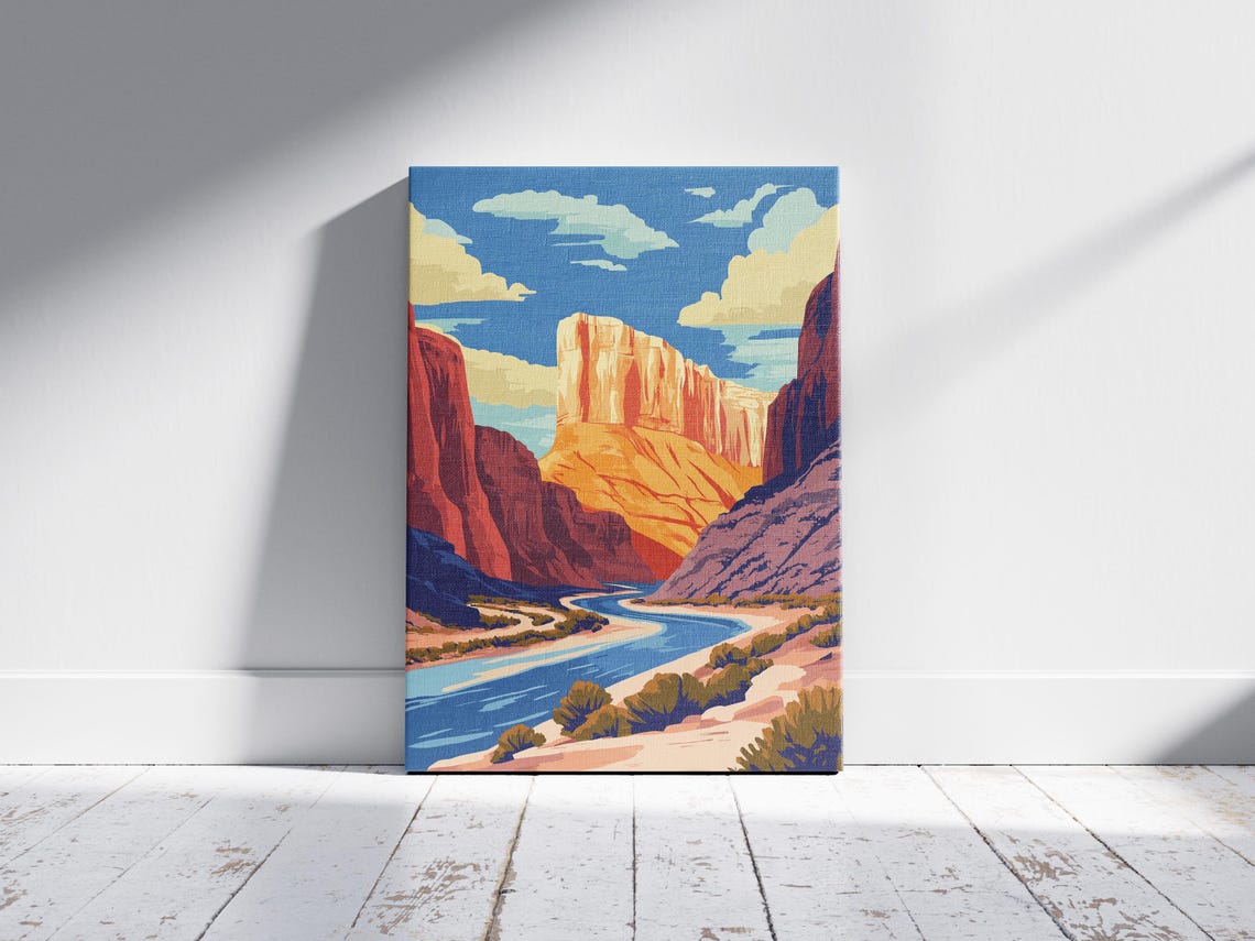 Desert Canyon with Blue River Red Rock Cliffs Travel Art Poster - Image 2