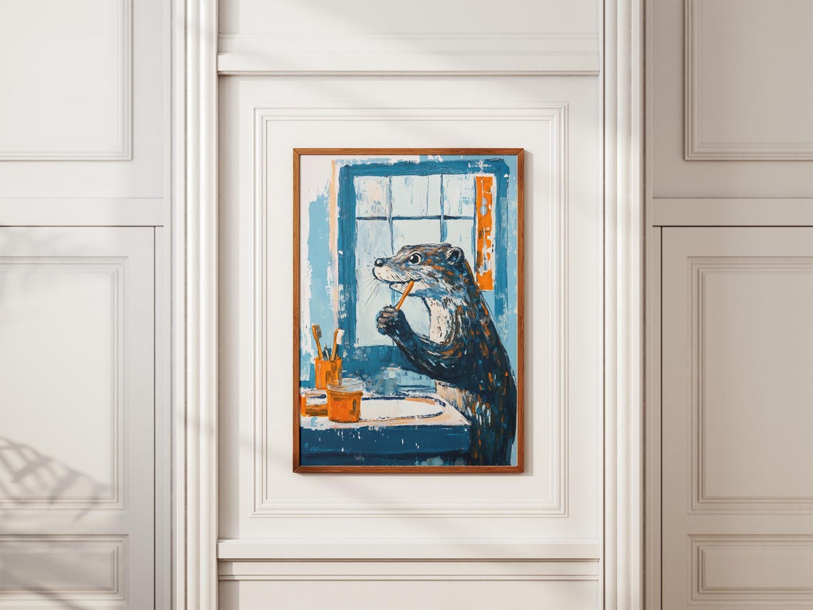Otter Brushing Teeth At Blue Bathroom Sink Fun Animal Poster - Image 2
