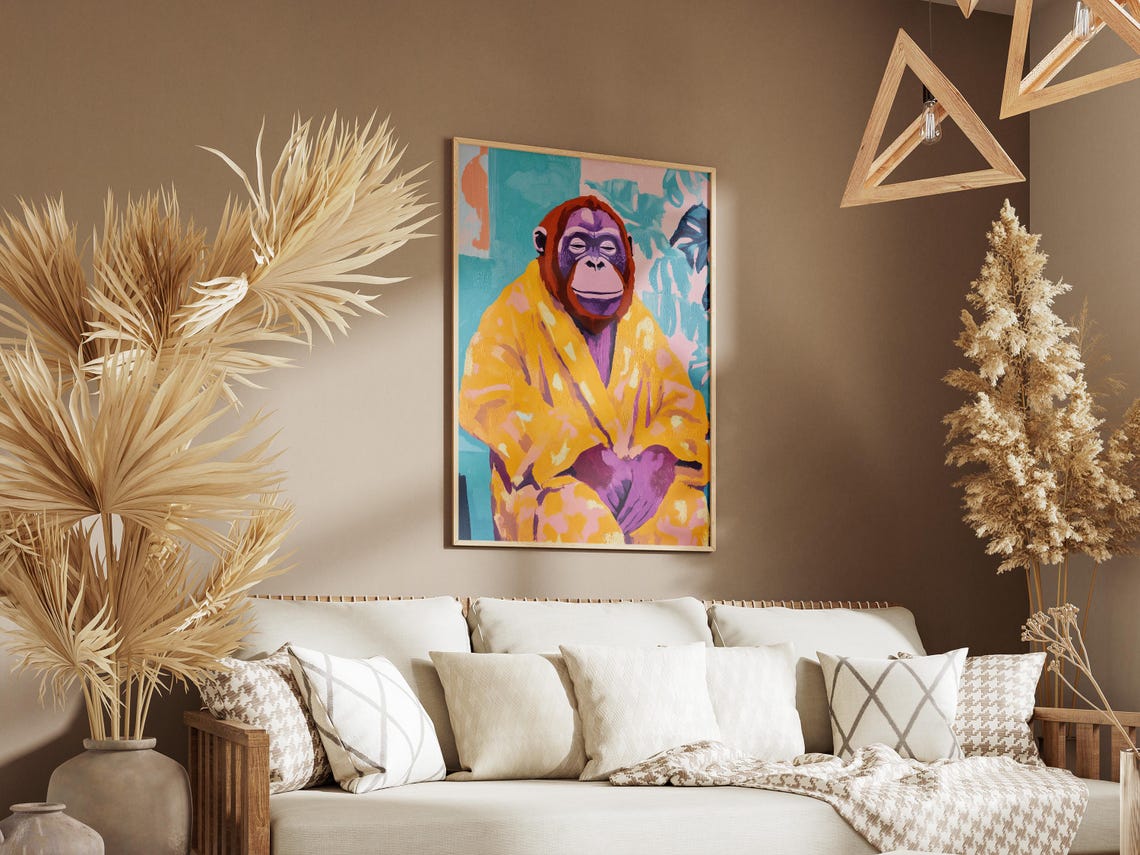 Orangutan In Bathrobe Painting Bathroom Poster Print Modern Animal Art Funky Monkey Cute Ape Primate Decor Wall Home - Image 3