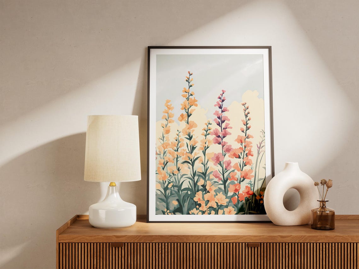 Peach Pink Snapdragon Wildflowers Against a Pale Sky Art Poster - Image 5
