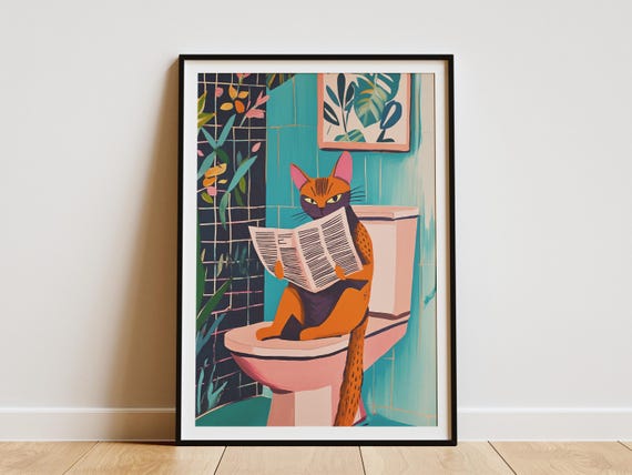 Abyssinian Cat On Toilet Newspaper Art Print Bathroom Humor Quirky Lover Gift Funny Home Decor Novelty Wall Poster Unique Idea