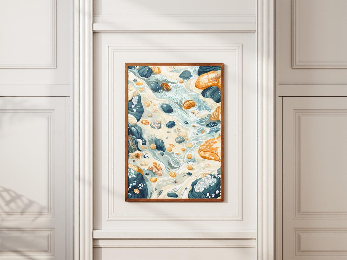 Ocean Tide Pool With Shells And Crabs Aerial Watercolor Poster - Image 2