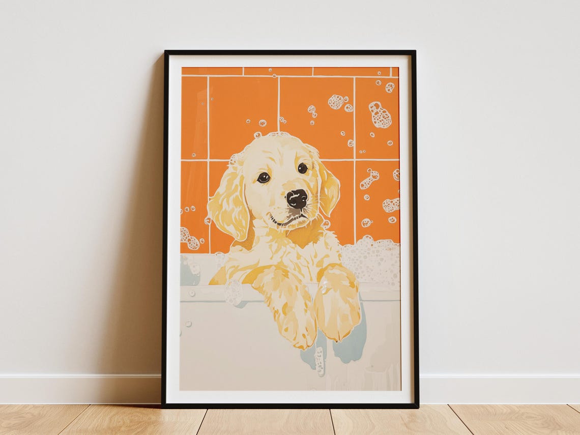 Golden Retriever Puppy Bubble Bath Orange Tile Doodle Art Poster