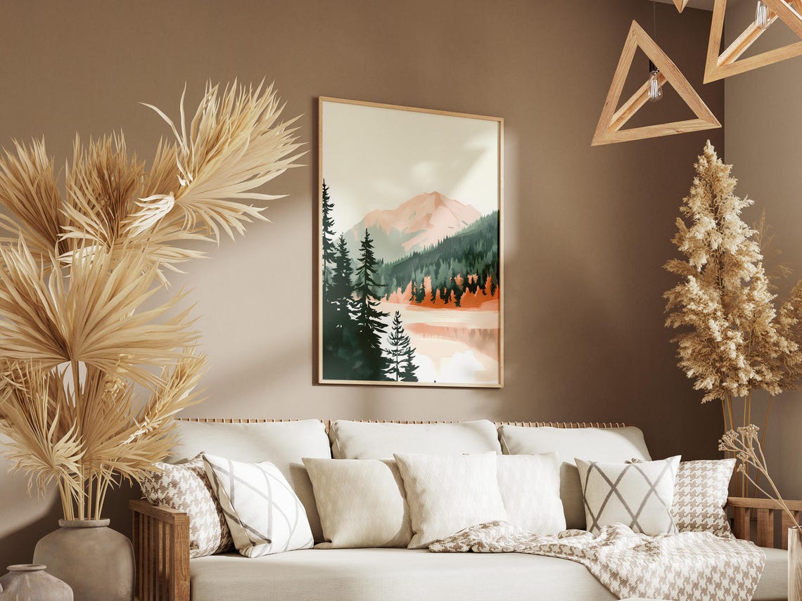 Pink Peak Rising Above Pine Forest And Quiet Lake Landscape Poster - Image 3