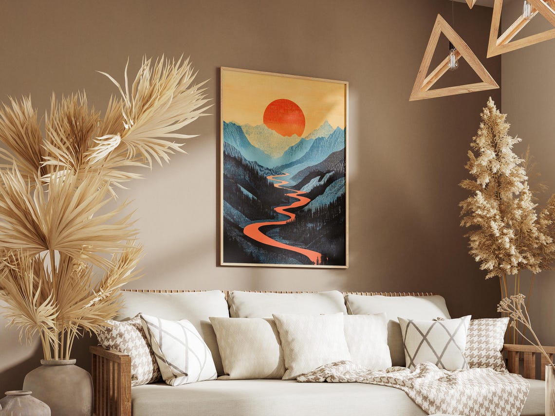 Winding Red River Through Blue Mountains at Sunset Modern Art Poster - Image 3