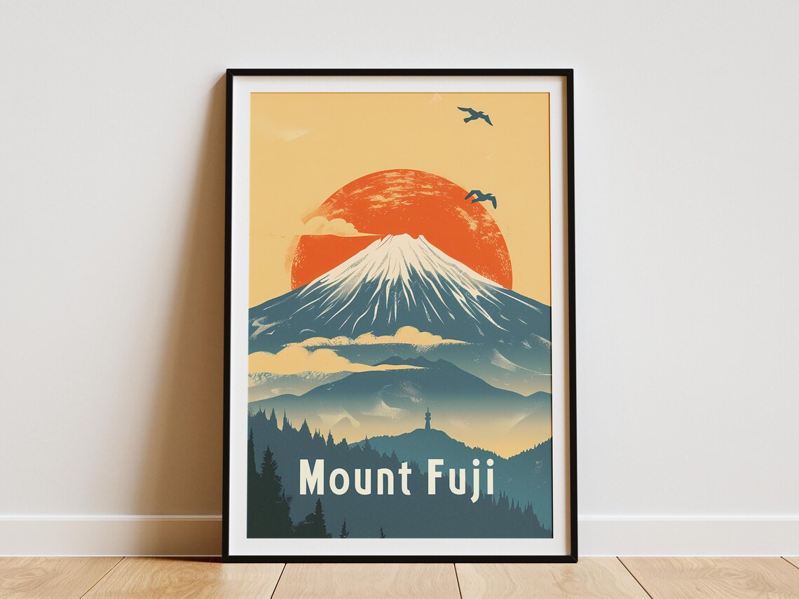 Mount Fuji Red Sun Vintage Japanese Scenic Snowy Peak Art Poster