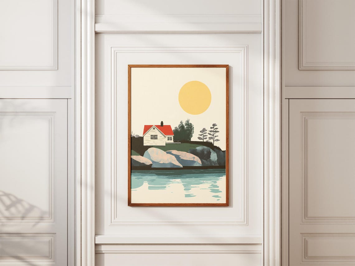Stockholm Archipelago Red Cottage Golden Sun Scenic Art Poster - Image 2