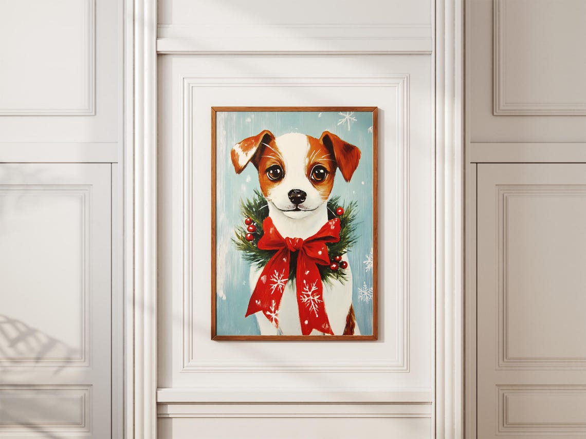 Cute Dog With Christmas Wreath Vintage Holiday Poster Print Dog Lover Gift Xmas Puppy Adorable Pet Art Festive Canine Illustration Winter - Image 2