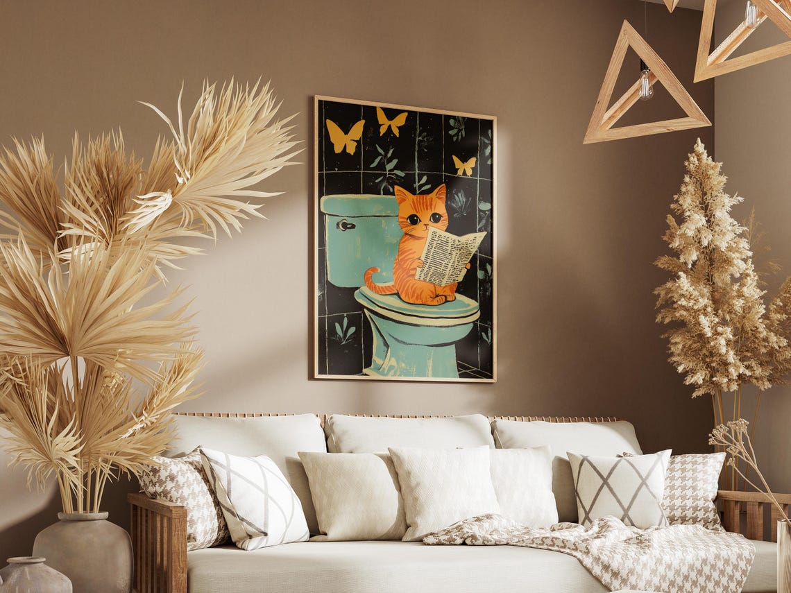 Orange Kitten Reading Newspaper on Toilet Butterfly Art Poster - Image 3