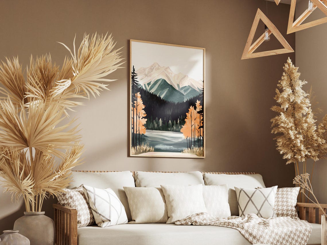 Golden Larch Trees by a Still Misty Mountain Lake Autumn Poster - Image 3