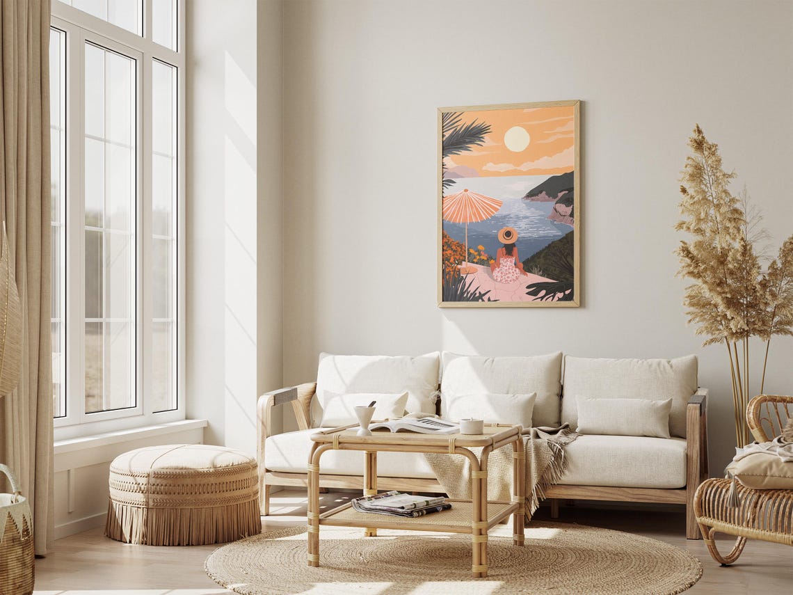 Woman Watching a Mediterranean Bay Sunset from a Cliff Poster - Image 4