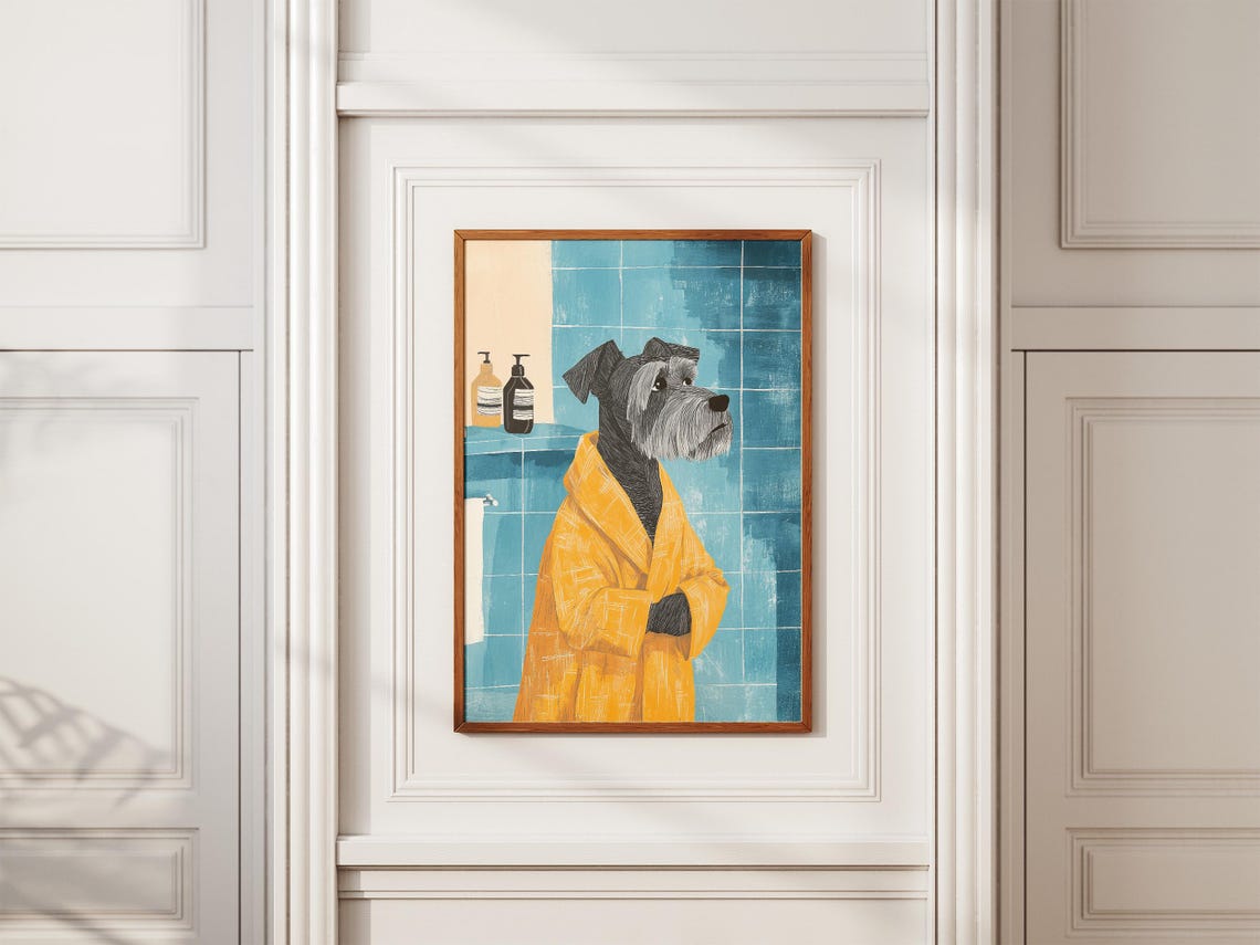 Miniature Schnauzer in Yellow Bathrobe Blue Tile Bathroom Dog Poster - Image 2