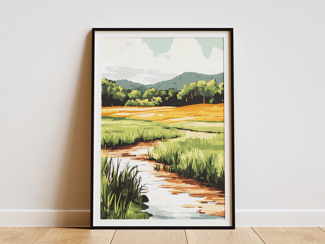 Meadow Stream Flowing Through Green Fields Pastoral Landscape Poster