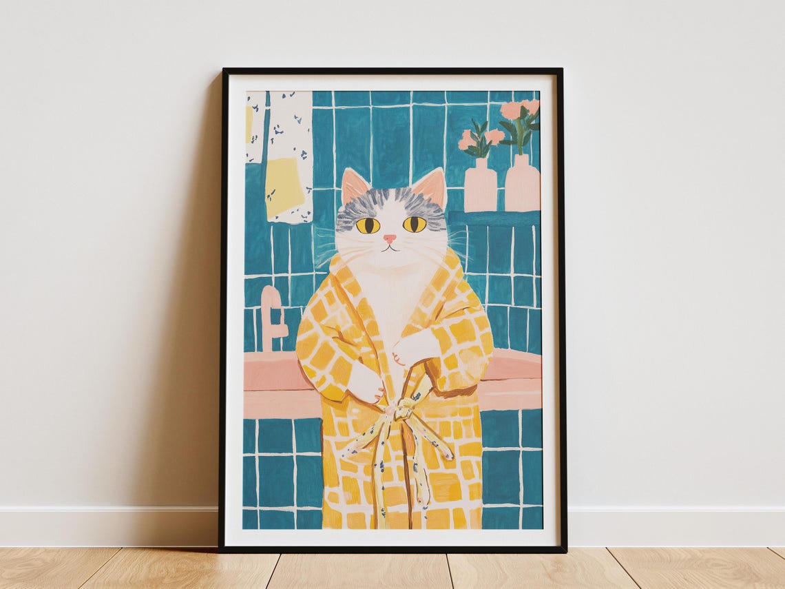 Scottish Fold Cat Art Print Bathrobe Bathroom Poster Funny Animal Wall Modern Home Decor Quirky Lover Gift In Robe