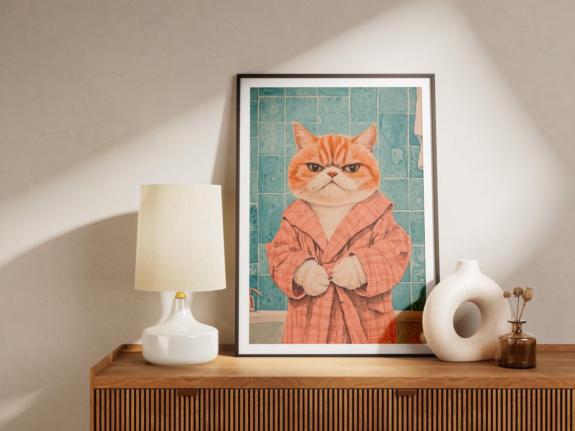 Grumpy Orange Cat In Pink Bathrobe Funny Bathroom Art Poster - Image 4