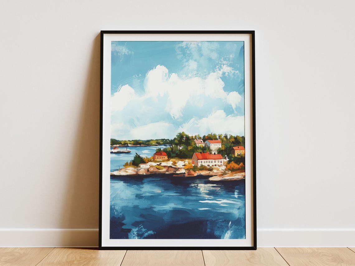 Coastal Village With Red Roofs On Rocky Shoreline Scenic Poster