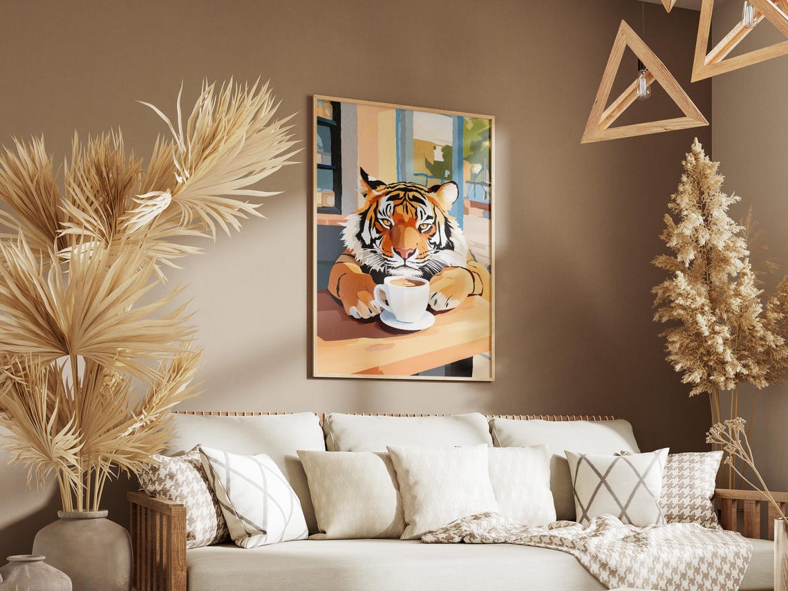 Tiger Drinking Coffee at Cozy Cafe Table Wildlife Art Poster - Image 3