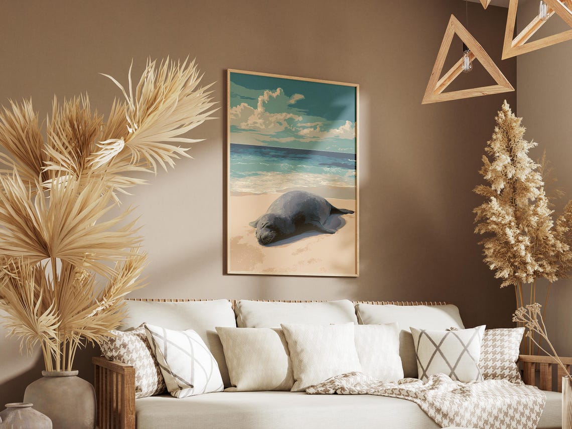 Sleeping Hawaiian Monk Seal Beach Ocean Scene Animal Art Poster - Image 3