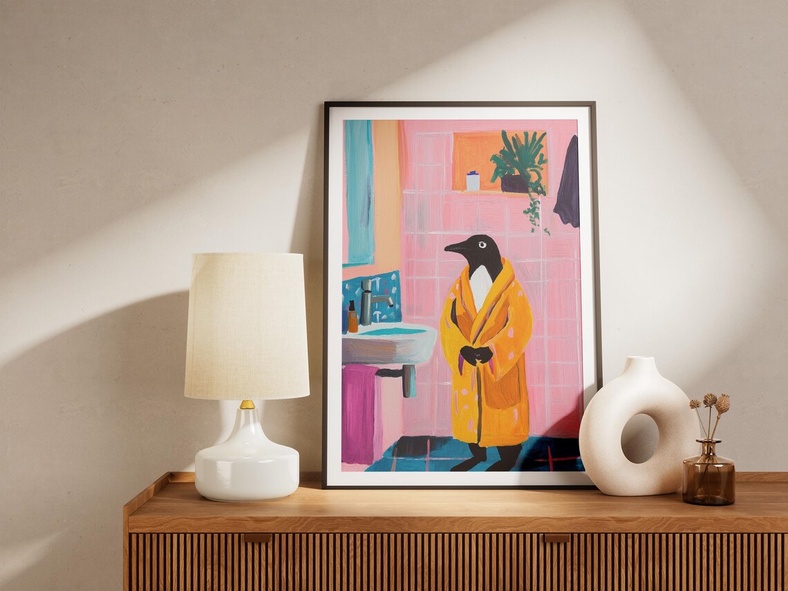 Penguin In A Bathrobe Bathroom Art Print, Whimsical - Image 5