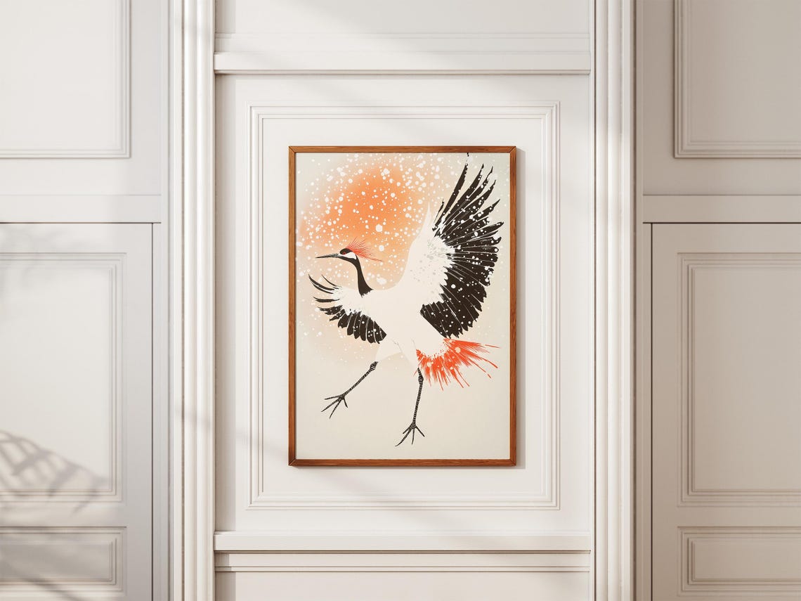 Red-Crowned Crane Dancing in Falling Snow Japanese Bird Art Poster - Image 2