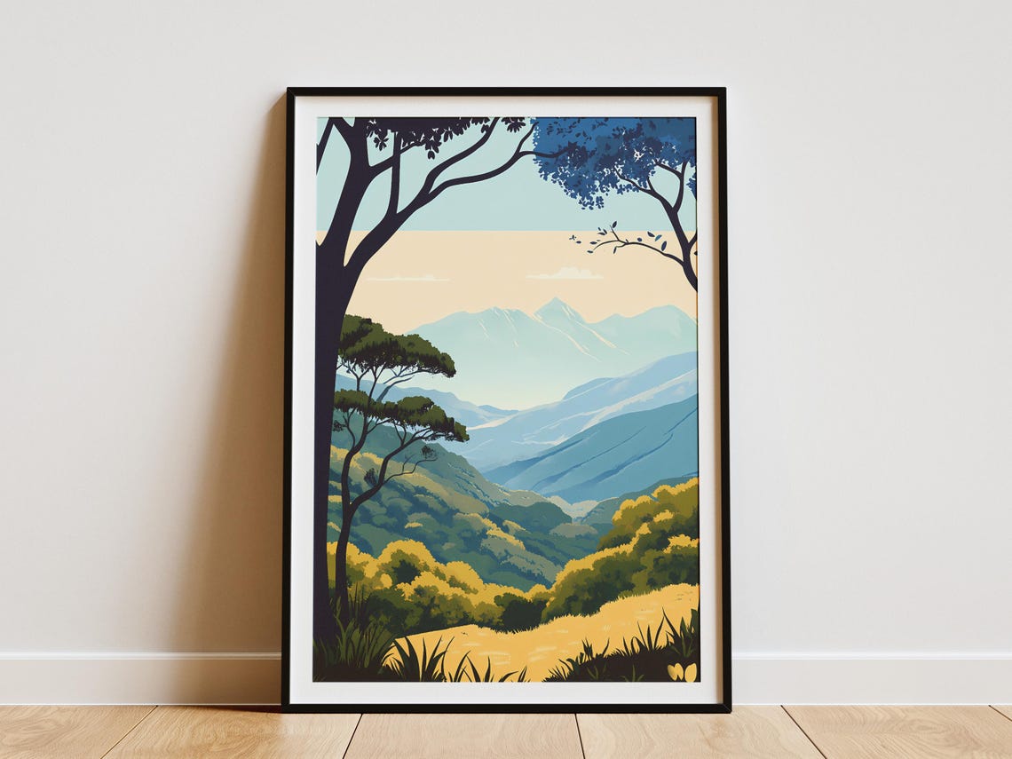 Golden Forest Hills Blue Mountain Range Panoramic Nature Poster