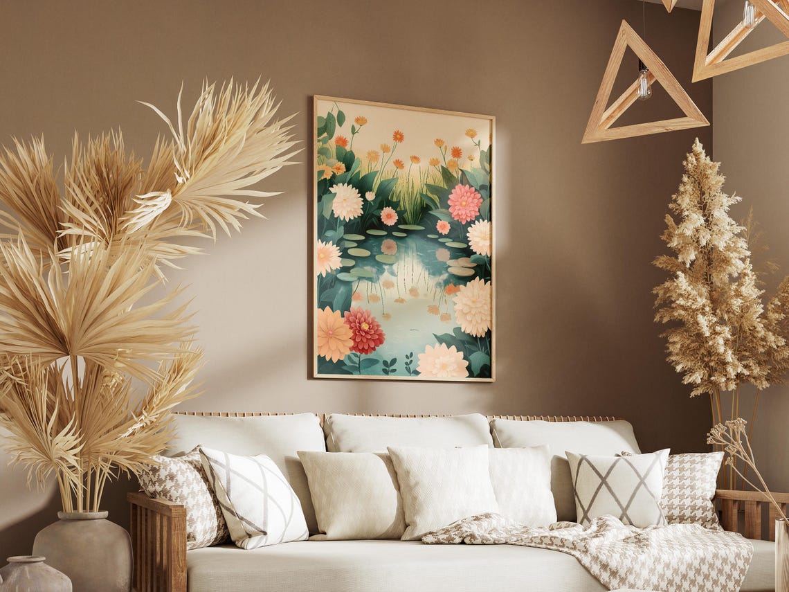 Pastel Dahlia Pond Dreamy Romantic Floral Waterside Scene Poster - Image 3