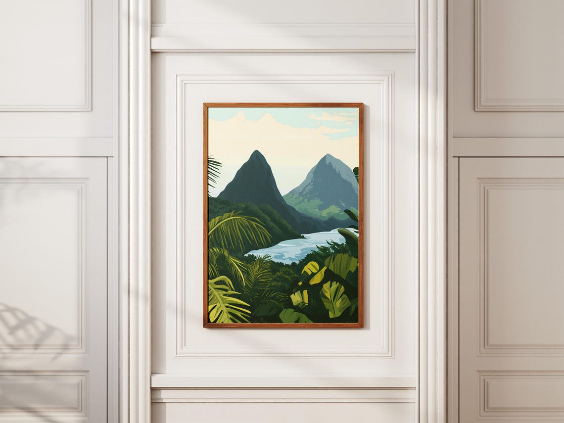 Twin Volcanic Peaks Tropical Lake Jungle Foliage Nature Poster - Image 2