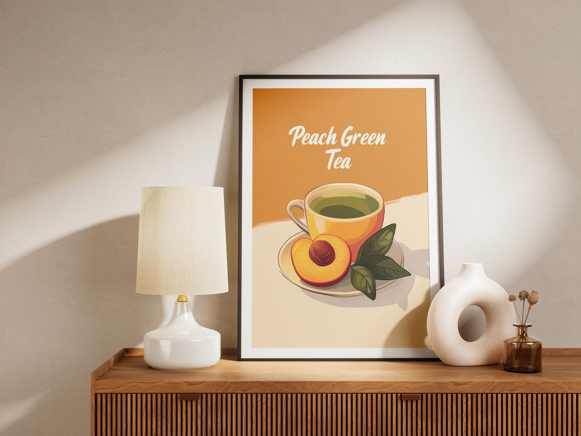 Peach Green Tea Hot Fruit Tea Cup Yellow Kitchen Illustration Poster - Image 5