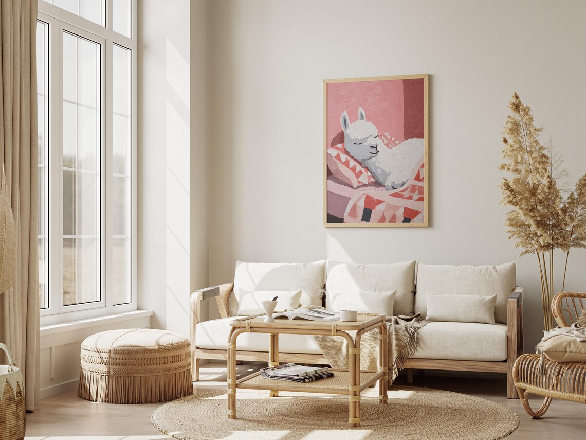 Sleeping White Llama Resting on Pink Patterned Cushions Cozy Art Poster - Image 3