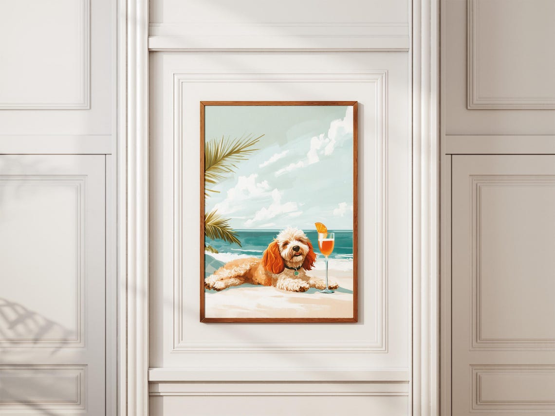 Cockapoo Dog Lounging on the Beach With a Spritz Cocktail Poster - Image 2