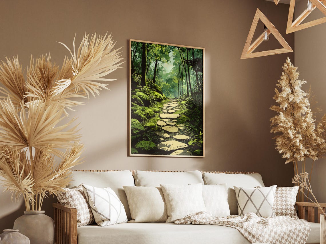 Mossy Stone Path Winding Through Lush Green Forest Art Poster - Image 3