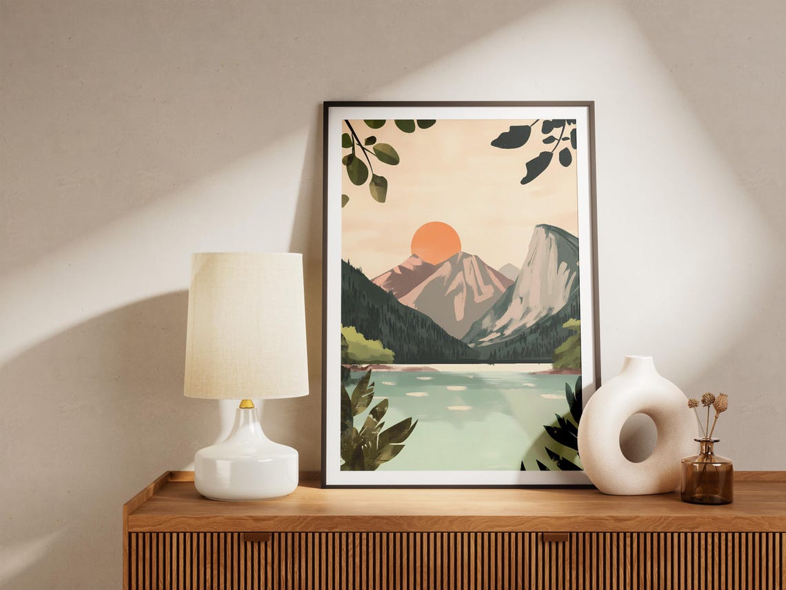 Sunset Over Mountain Lake Leafy Branches Landscape Scenic Poster - Image 5