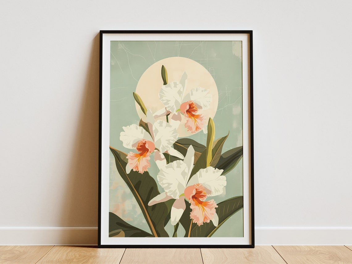 White Orchid Blossoms Moon Circle Sage Green Botanical Poster