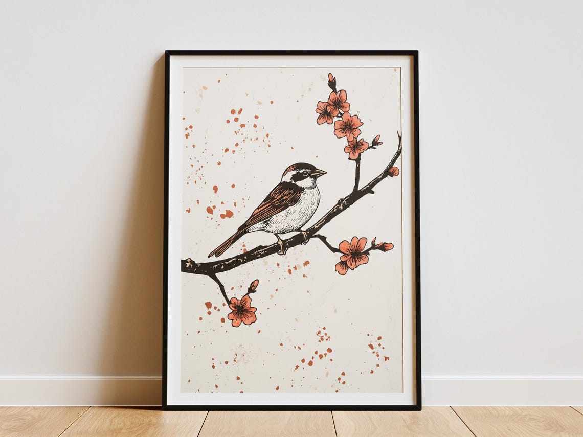 Sparrow Perched on Cherry Blossom Branch Minimal Ink Art Poster